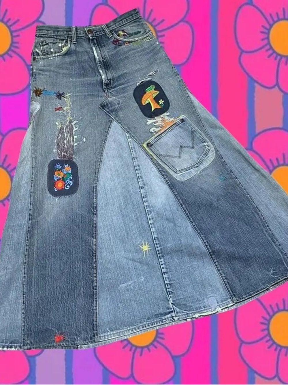 LEVIS BIG E Vintage Patchwork Denim Folk Art Maxi Skirt in Blue